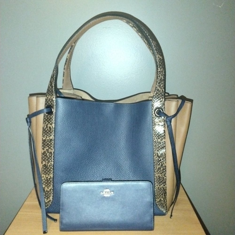 COACH Blue and Tan Leather/Suede Tote/Wallet Combo